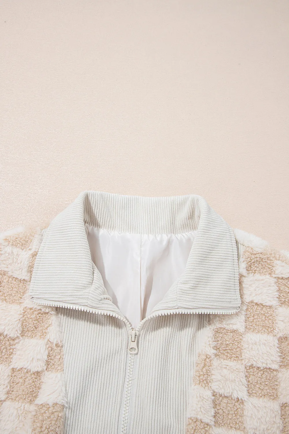 Checker Sherpa Corduroy Patchwork Zip up Collared Jacket sold by Beagle Boutique product image thumbnail 3