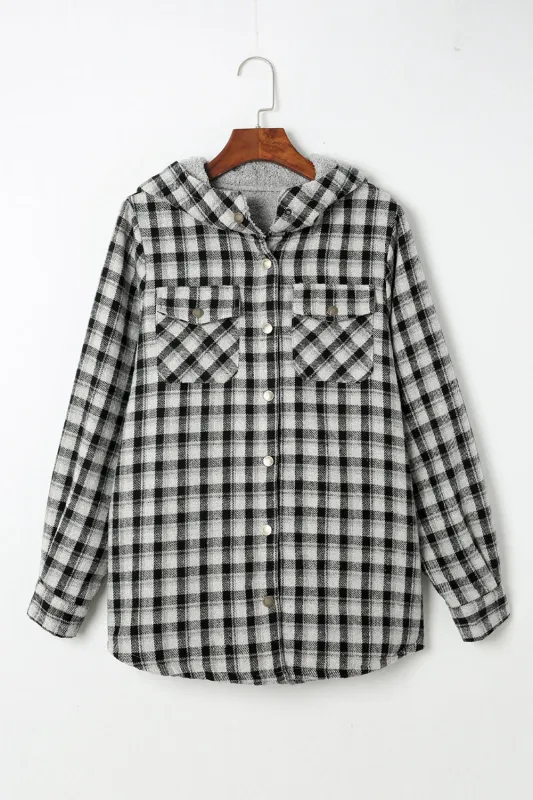 Black Plaid Pattern Sherpa Lined Hooded Shacket sold by Beagle Boutique