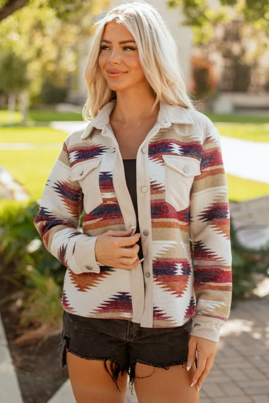 Western Aztec Ribbed Patchwork Double Flap Pocket Raw Hem Shacket sold by Beagle Boutique