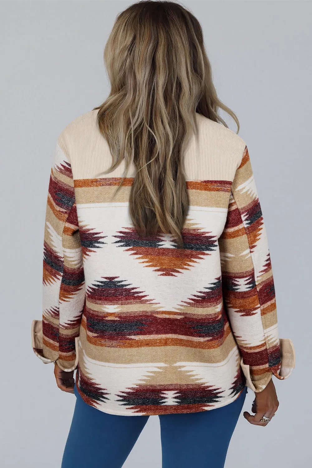 Western Aztec Ribbed Patchwork Double Flap Pocket Raw Hem Shacket sold by Beagle Boutique product image thumbnail 5