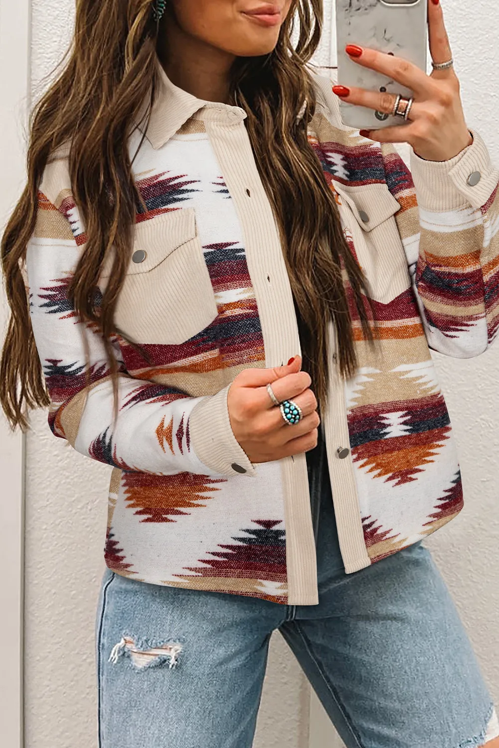 Western Aztec Ribbed Patchwork Double Flap Pocket Raw Hem Shacket sold by Beagle Boutique product image thumbnail 4