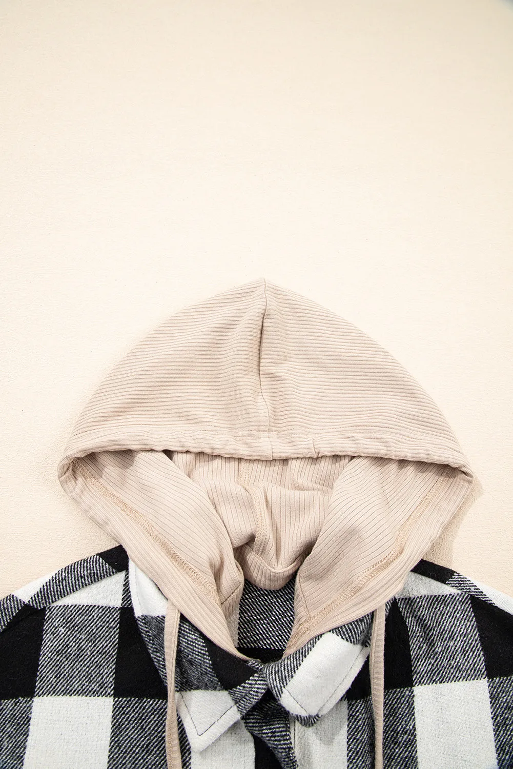 Black Double Plaid Patchwork Drawstring Hooded Shacket sold by Beagle Boutique product image thumbnail 3