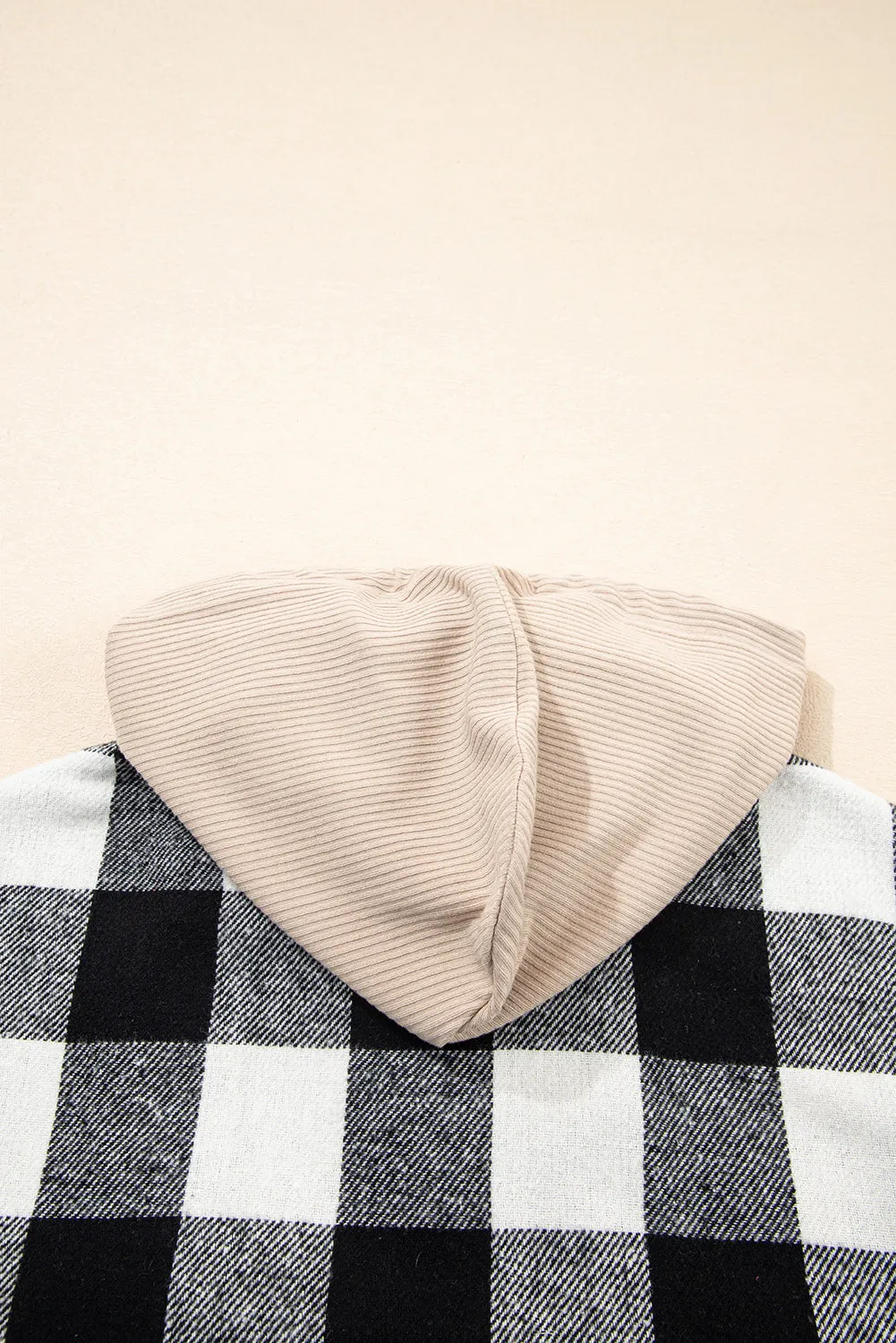 Black Double Plaid Patchwork Drawstring Hooded Shacket sold by Beagle Boutique product image thumbnail 4