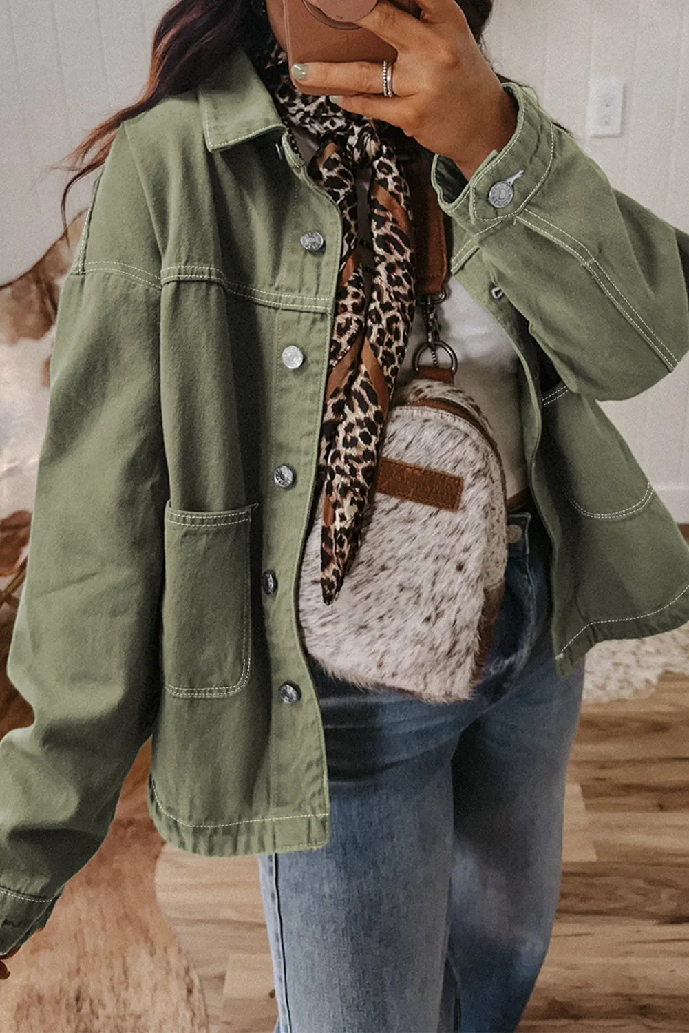 Patched Pocket Collared Button Front Boyfriend Denim Jacket sold by Beagle Boutique product image thumbnail 3