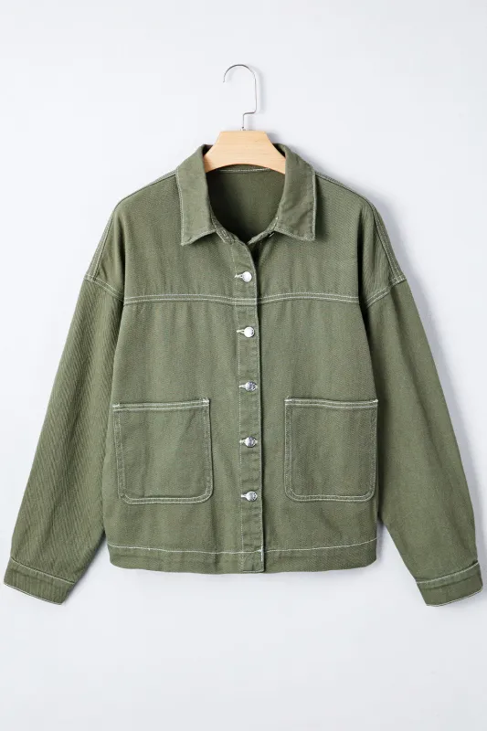 Patched Pocket Collared Button Front Boyfriend Denim Jacket sold by Beagle Boutique
