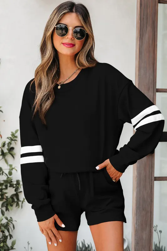 Varsity Striped Sleeve Drop Shoulder Sweatshirt and Shorts Co-ord Set sold by Beagle Boutique