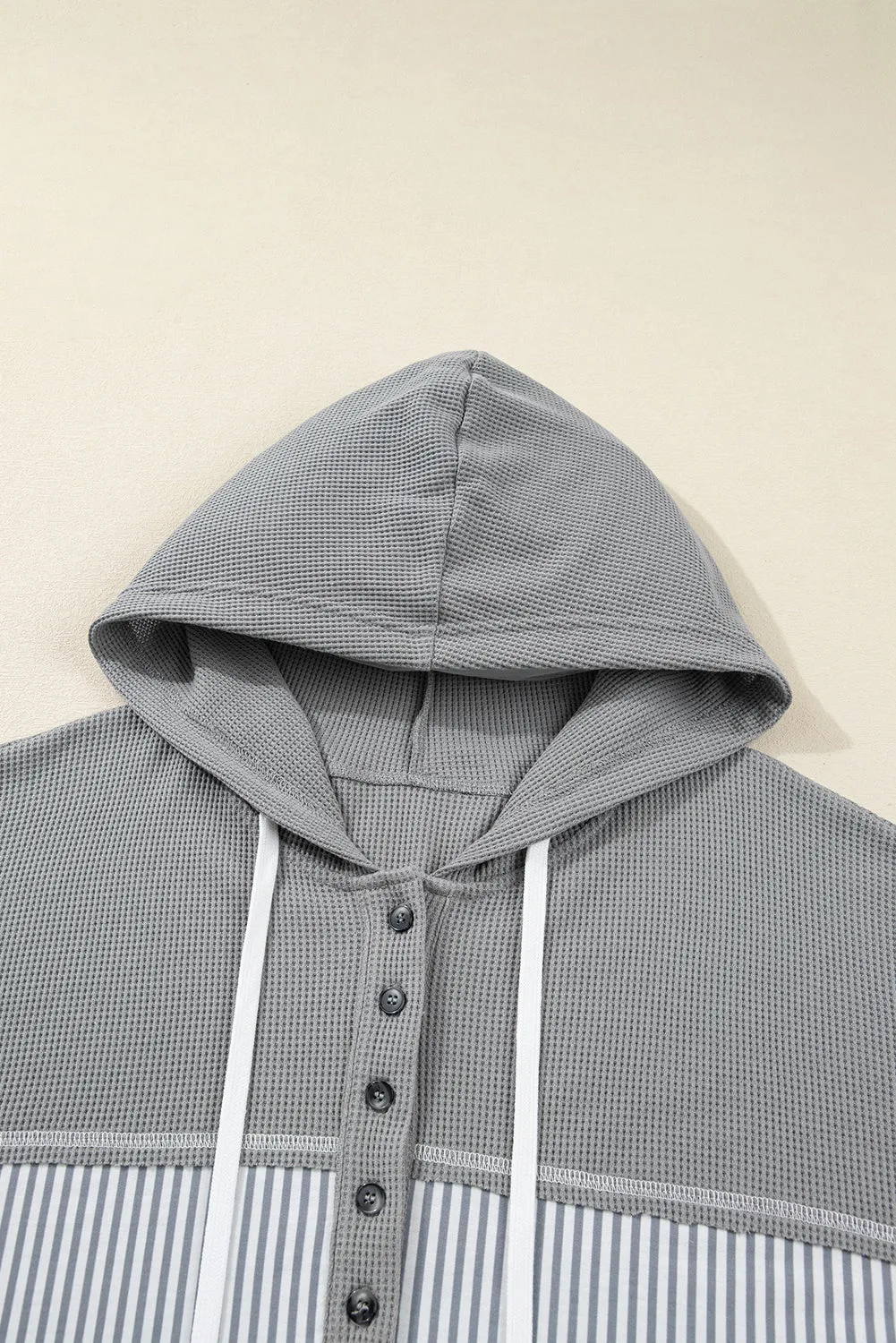 Grey Mixed Pattern Waffle Knit Patchwork Half Buttons Plus Hooded Top sold by Beagle Boutique product image thumbnail 3