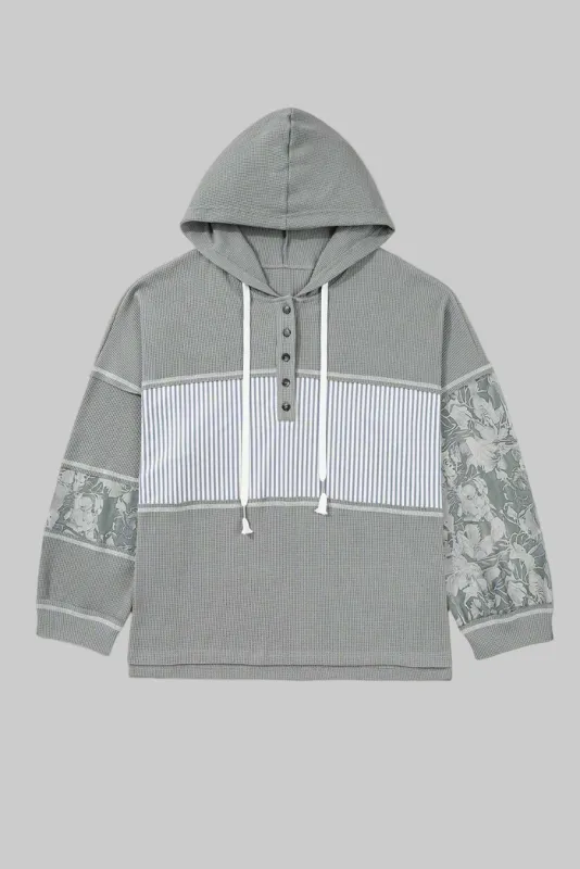 Grey Mixed Pattern Waffle Knit Patchwork Half Buttons Plus Hooded Top sold by Beagle Boutique