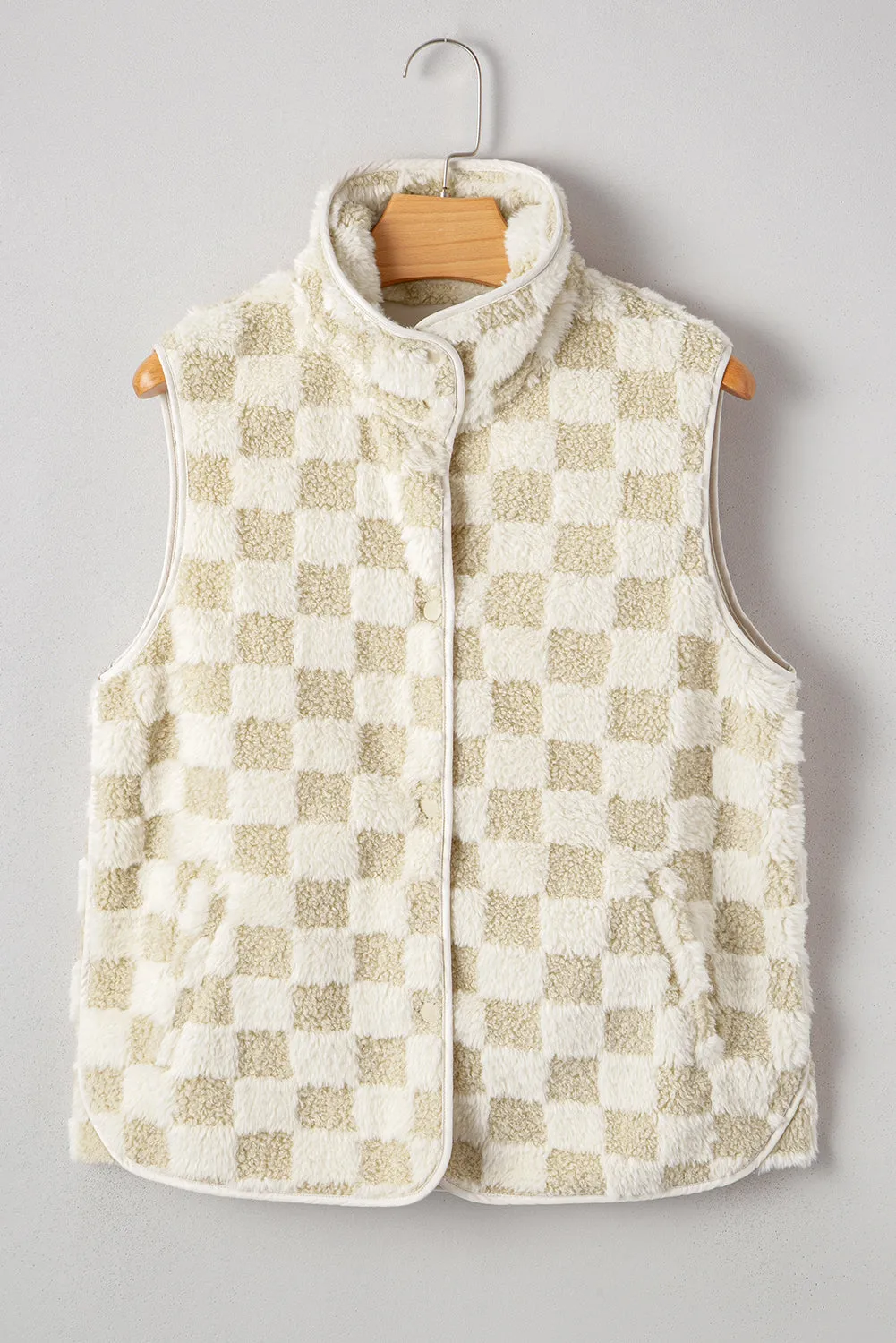 Sherpa Checkerboard Snap Button Vest Jacket With Pocket sold by Beagle Boutique