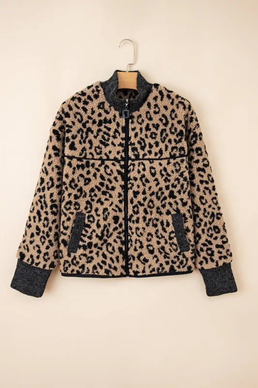 Leopard Print Zip-up Stand Neck Side Pocket Jacket sold by Beagle Boutique