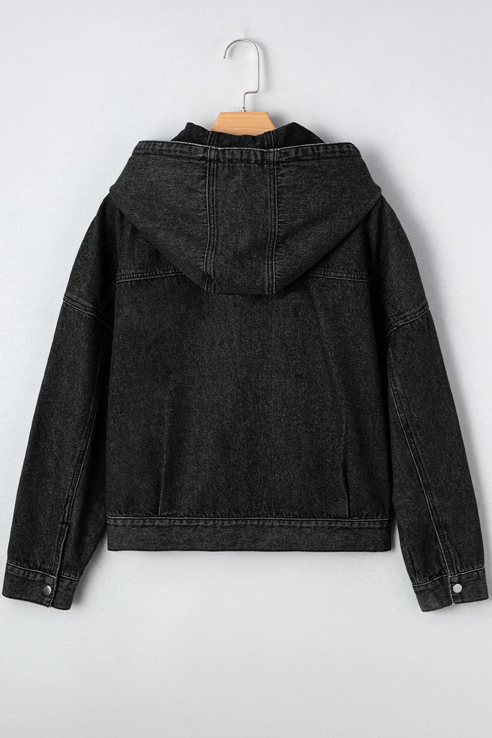 Black Big Chest Pocket Drop Shoulder Hooded Denim Jacket sold by Beagle Boutique product image thumbnail 2