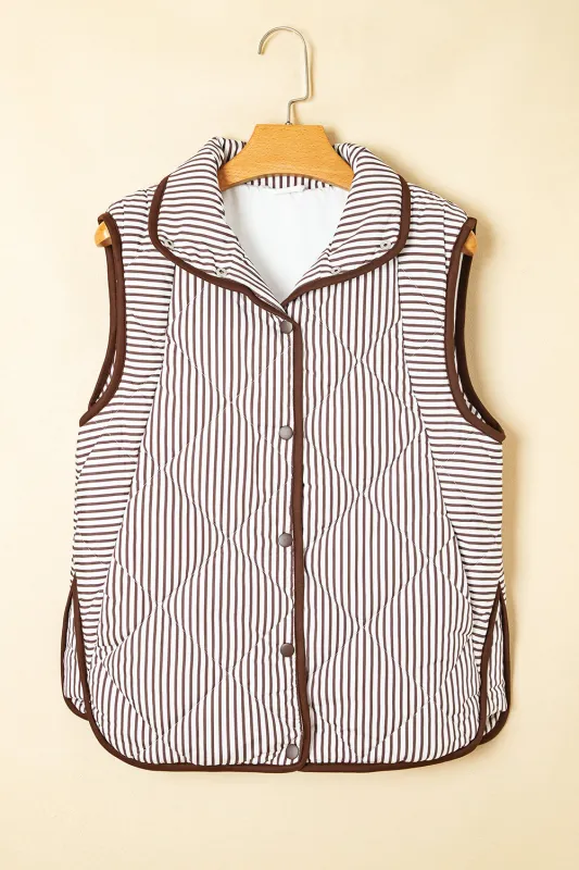 Brown Stripe Contrast Trim Snap Button Collared Gilet sold by Beagle Boutique