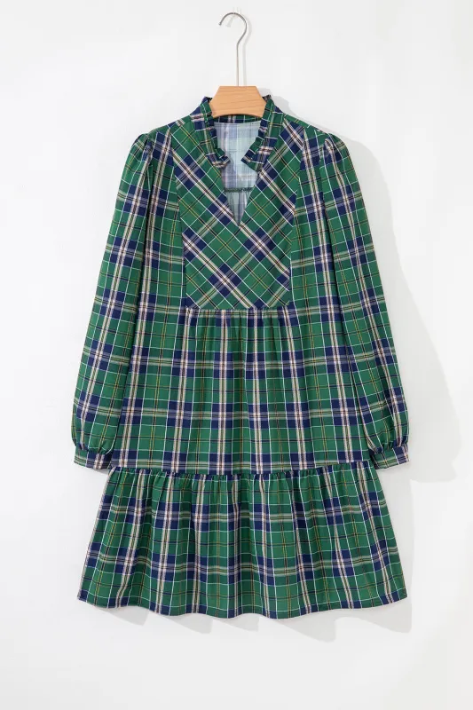 Green Plaid Print Frilly Collar Long Sleeve Shift Mini Dress sold by Beagle Boutique