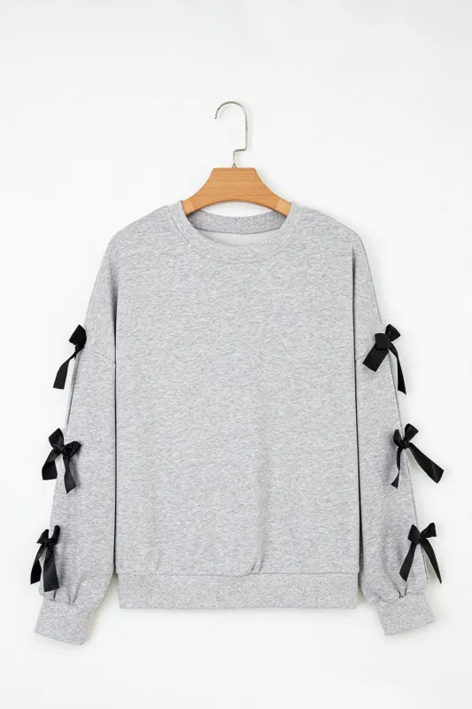 Light Grey Contrast Bow Applique Drop Sleeve Round Neck Sweatshirt sold by Beagle Boutique