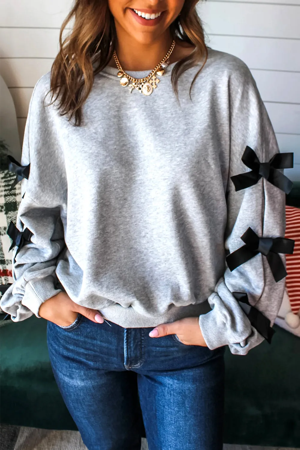 Light Grey Contrast Bow Applique Drop Sleeve Round Neck Sweatshirt sold by Beagle Boutique product image thumbnail 5