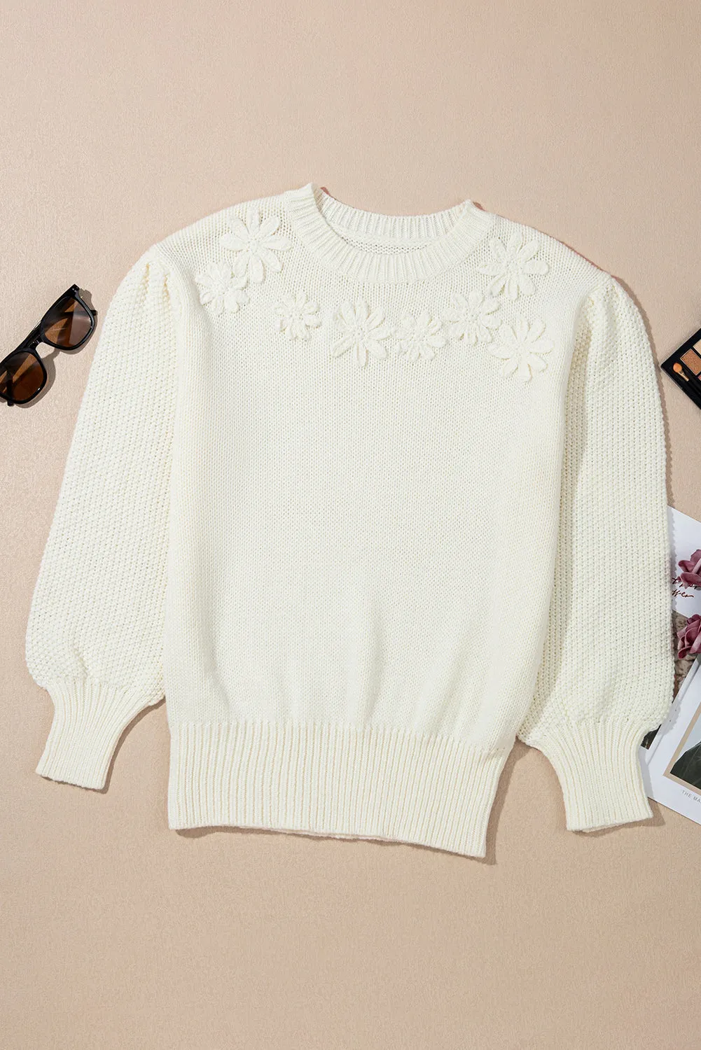 White Flower Detail Round Neck Puff Sleeve Sweater sold by Beagle Boutique product image thumbnail 3