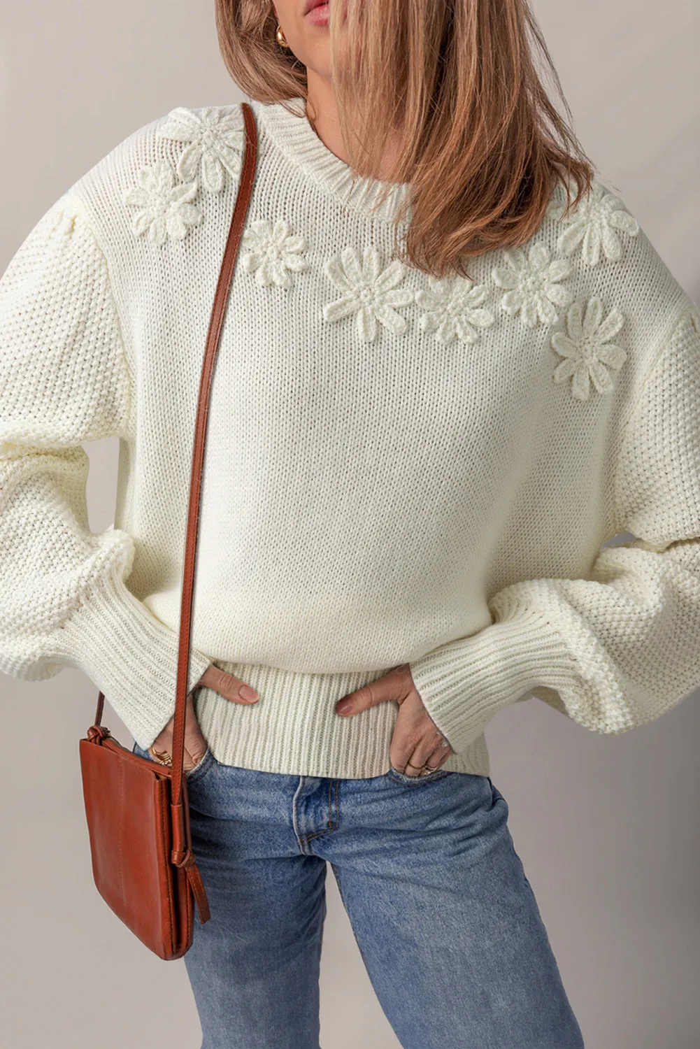 White Flower Detail Round Neck Puff Sleeve Sweater sold by Beagle Boutique