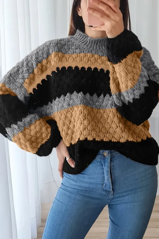 Khaki Color Block High Neck Baggy Sweater sold by Beagle Boutique