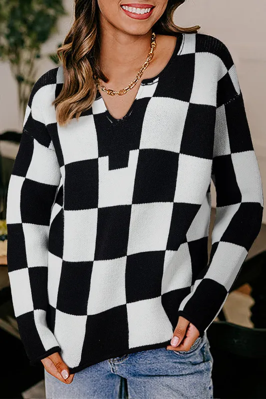 Checked Notched Neckline Drop Shoulder Knit Sweater sold by Beagle Boutique
