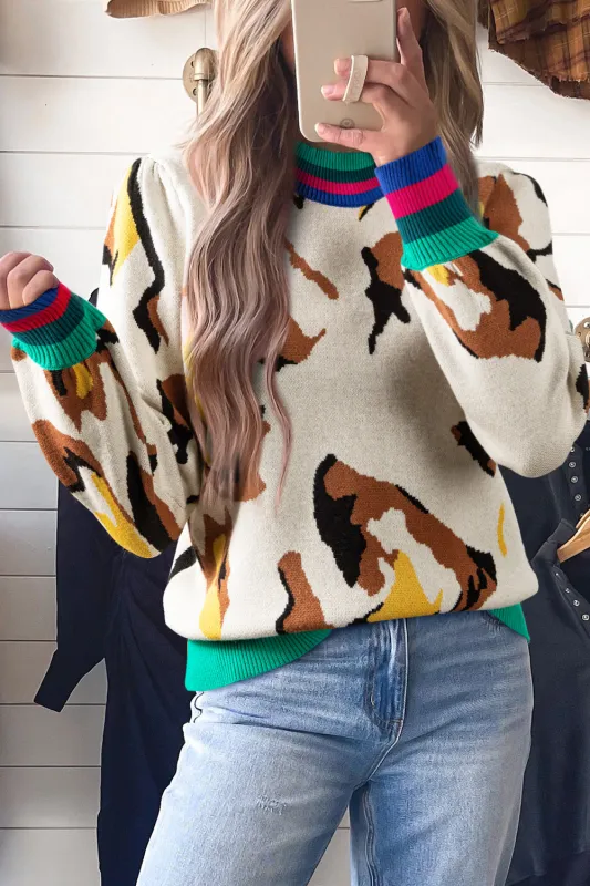 Contrast Ribbed Stripes Detail Animal Pattern Knit Sweater sold by Beagle Boutique