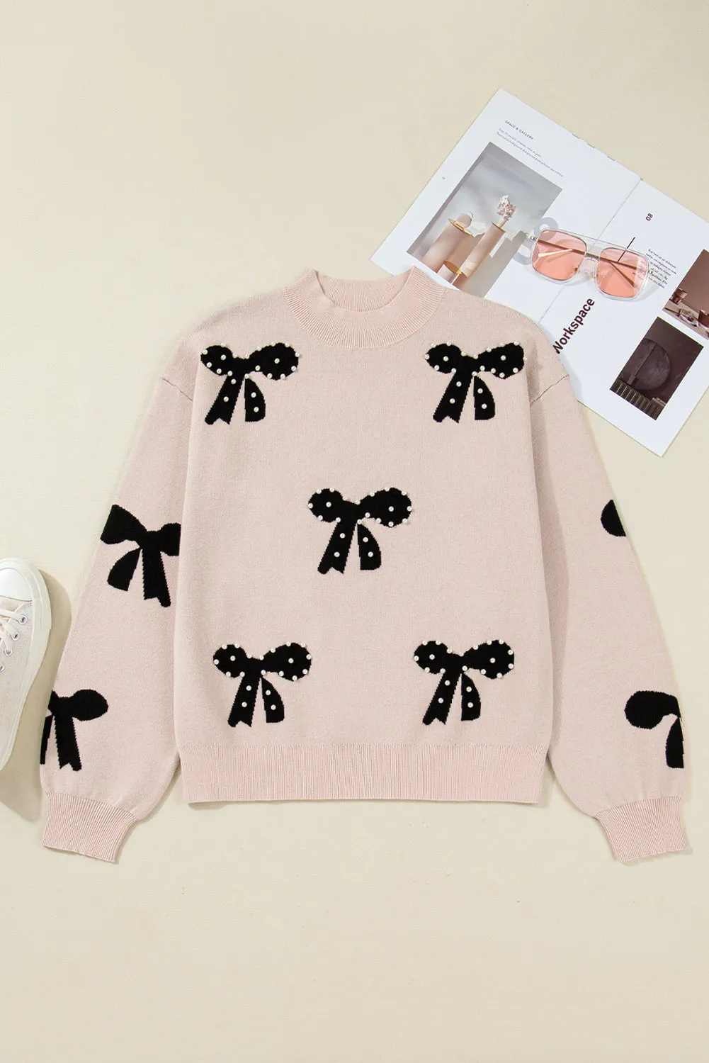 Pearl Embellished Bow Pattern Loose Sweater sold by Beagle Boutique product image thumbnail 4