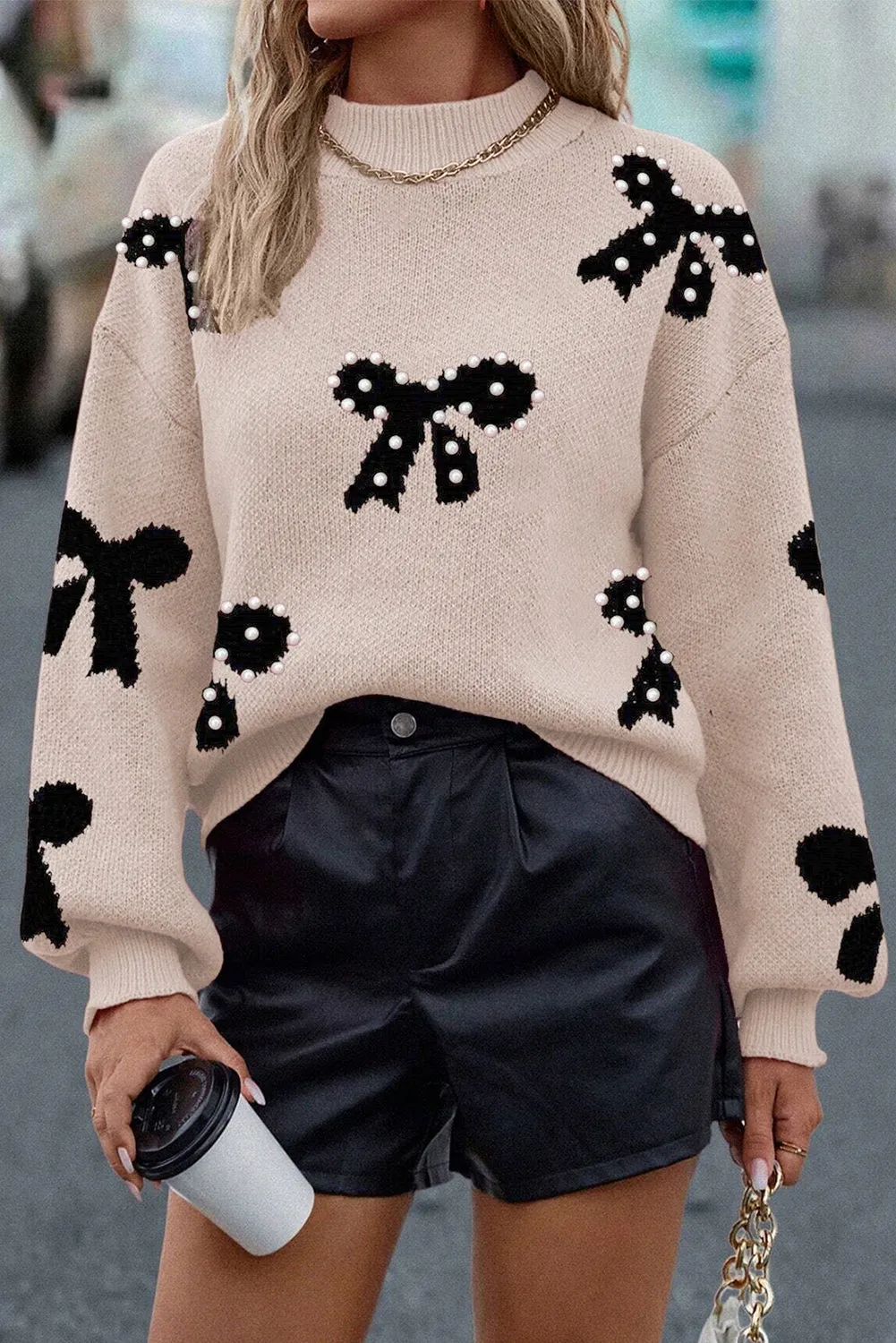 Pearl Embellished Bow Pattern Loose Sweater sold by Beagle Boutique