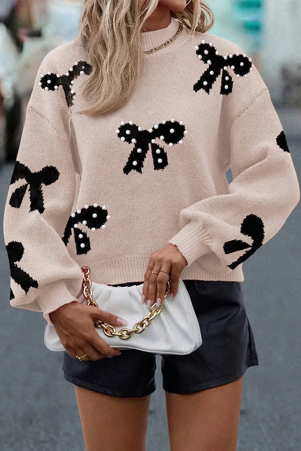Pearl Embellished Bow Pattern Loose Sweater sold by Beagle Boutique product image thumbnail 3