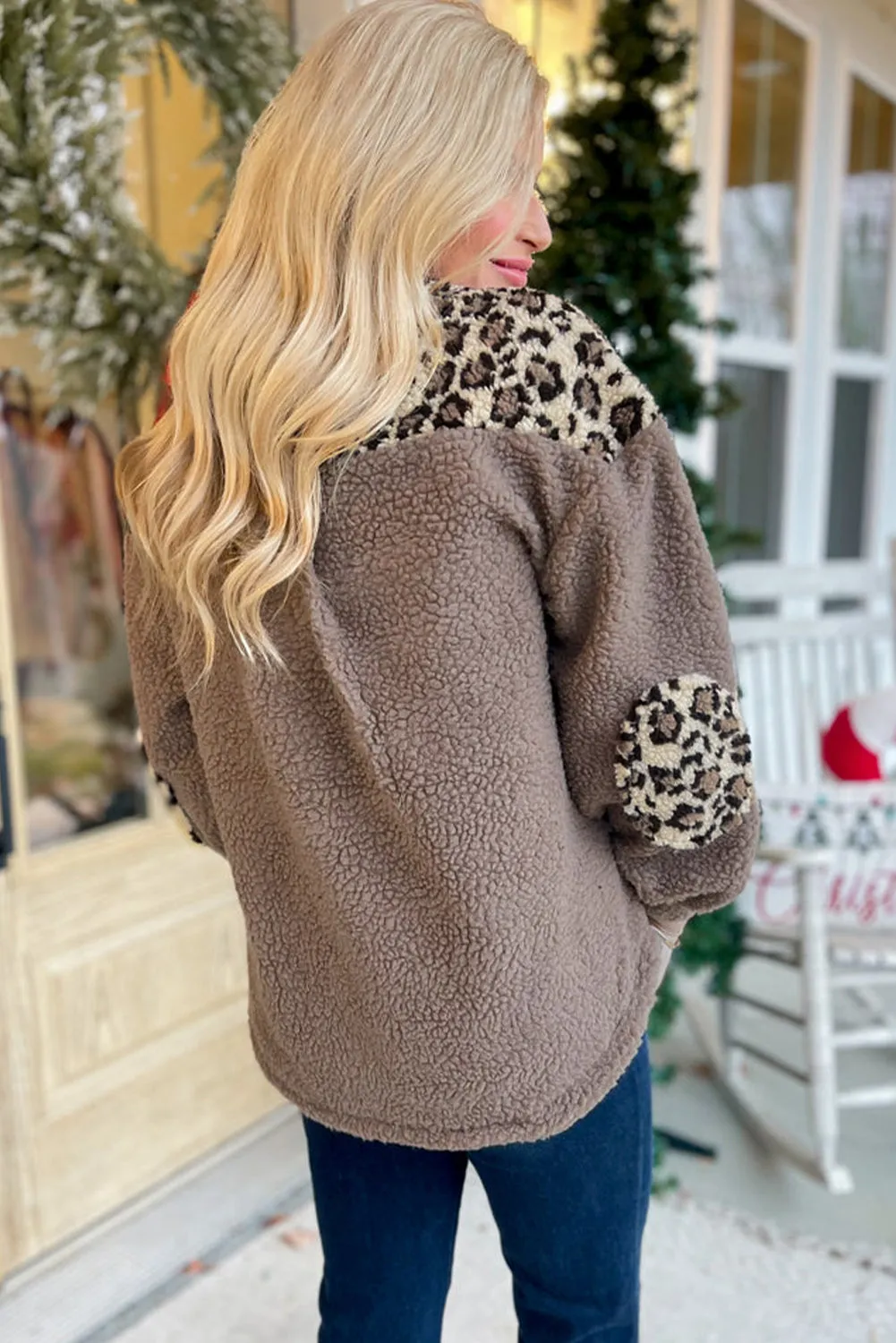 Brown Sherpa Leopard Print Flap Pocket Collared Button Up Jacket sold by Beagle Boutique product image thumbnail 2