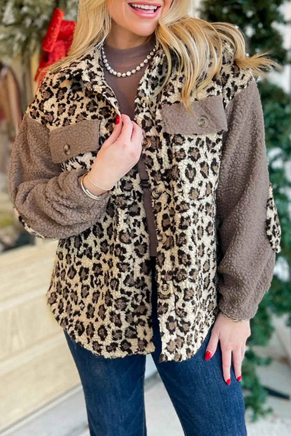 Brown Sherpa Leopard Print Flap Pocket Collared Button Up Jacket sold by Beagle Boutique
