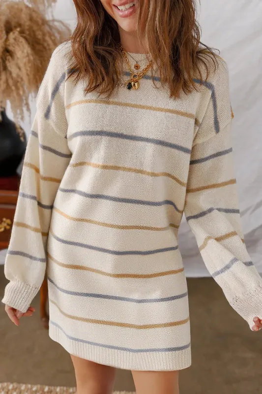 Multicolour Striped Print Drop Shoulder Shift Sweater Mini Dress sold by Beagle Boutique