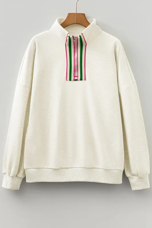 Contrast Striped Patchwork Zip Collar Pullover Sweatshirt sold by Beagle Boutique