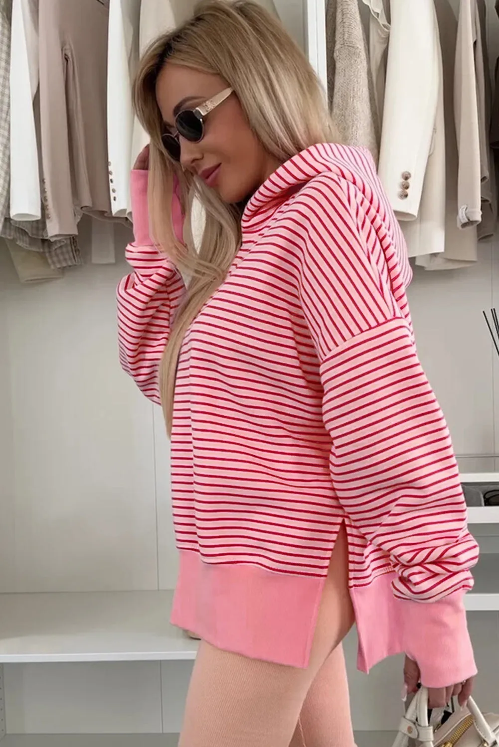 Stripe Thumbhole Side Slits Drop Shoulder Loose Fit Hoodie sold by Beagle Boutique product image thumbnail 3