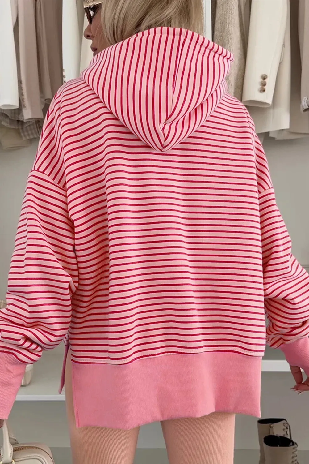 Stripe Thumbhole Side Slits Drop Shoulder Loose Fit Hoodie sold by Beagle Boutique product image thumbnail 2