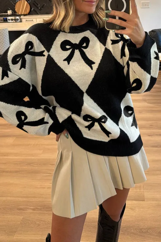 Black Bow Print 2-tone Rhombus Knit Loose Sweater sold by Beagle Boutique