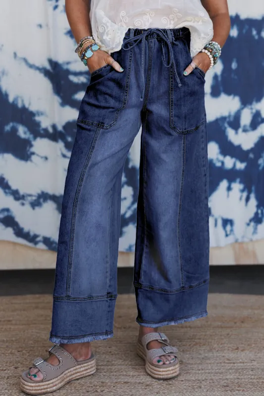 Drawstring Seam Detail Raw Hem Wide Leg Denim Jeans sold by Beagle Boutique