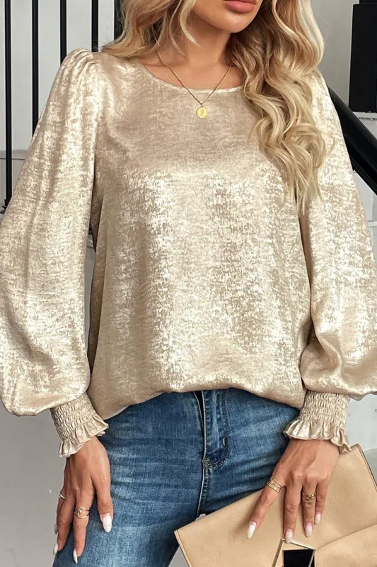 Metallic Round Neck Smocked Long Sleeve Blouse sold by Beagle Boutique