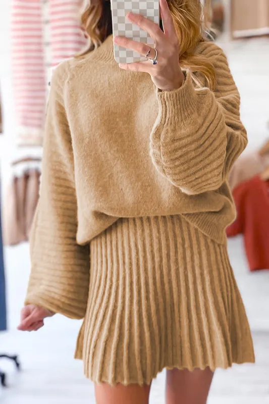 High Neck Puff Sleeve Sweater and Pleated Mini Skirt Co-ord Knit Outfit sold by Beagle Boutique