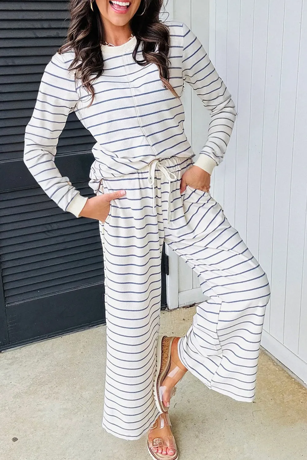 Striped Long Sleeve Top and Drawstring Wide Leg Trousers 2pcs Co-ord Outfit sold by Beagle Boutique