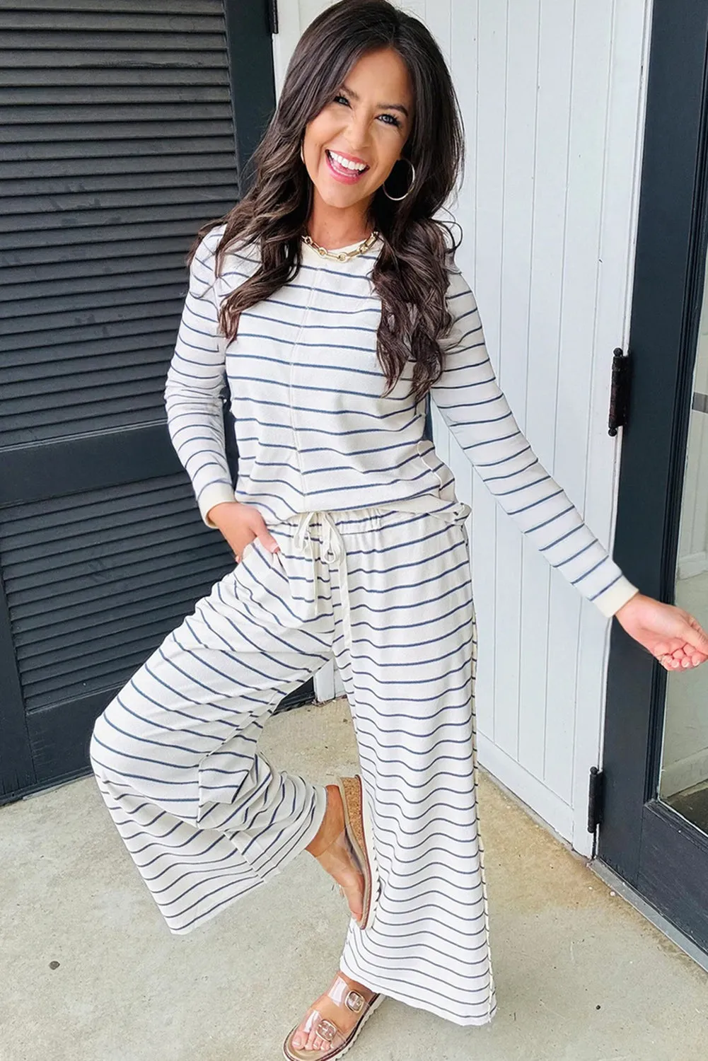 Striped Long Sleeve Top and Drawstring Wide Leg Trousers 2pcs Co-ord Outfit sold by Beagle Boutique product image thumbnail 2