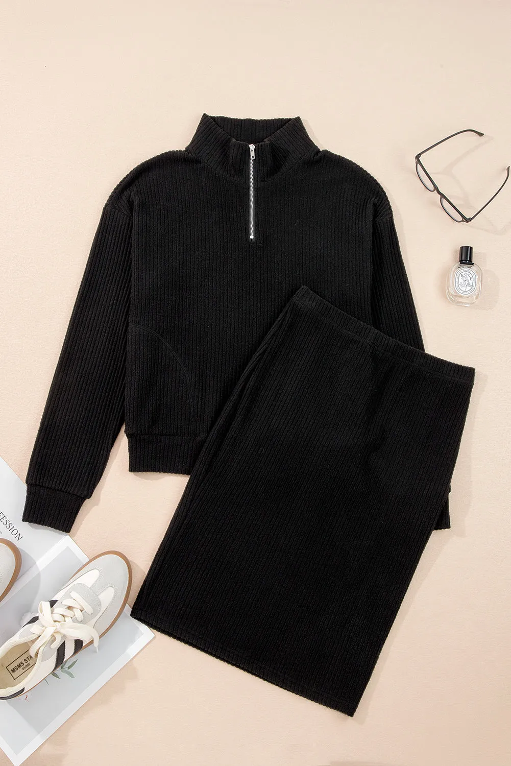 Zip Stand Neck Drop Shoulder Ribbed Pullover & Bodycon Skirt 2pcs Co-ord Set sold by Beagle Boutique product image thumbnail 4