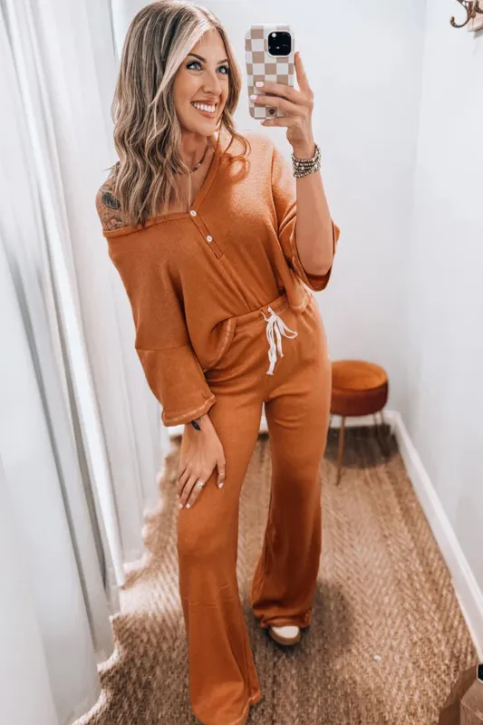 Contrast Stitching Buttoned V-Neck Half Sleeve Top and Drawstring Flare Trousers Co-ord Set sold by Beagle Boutique