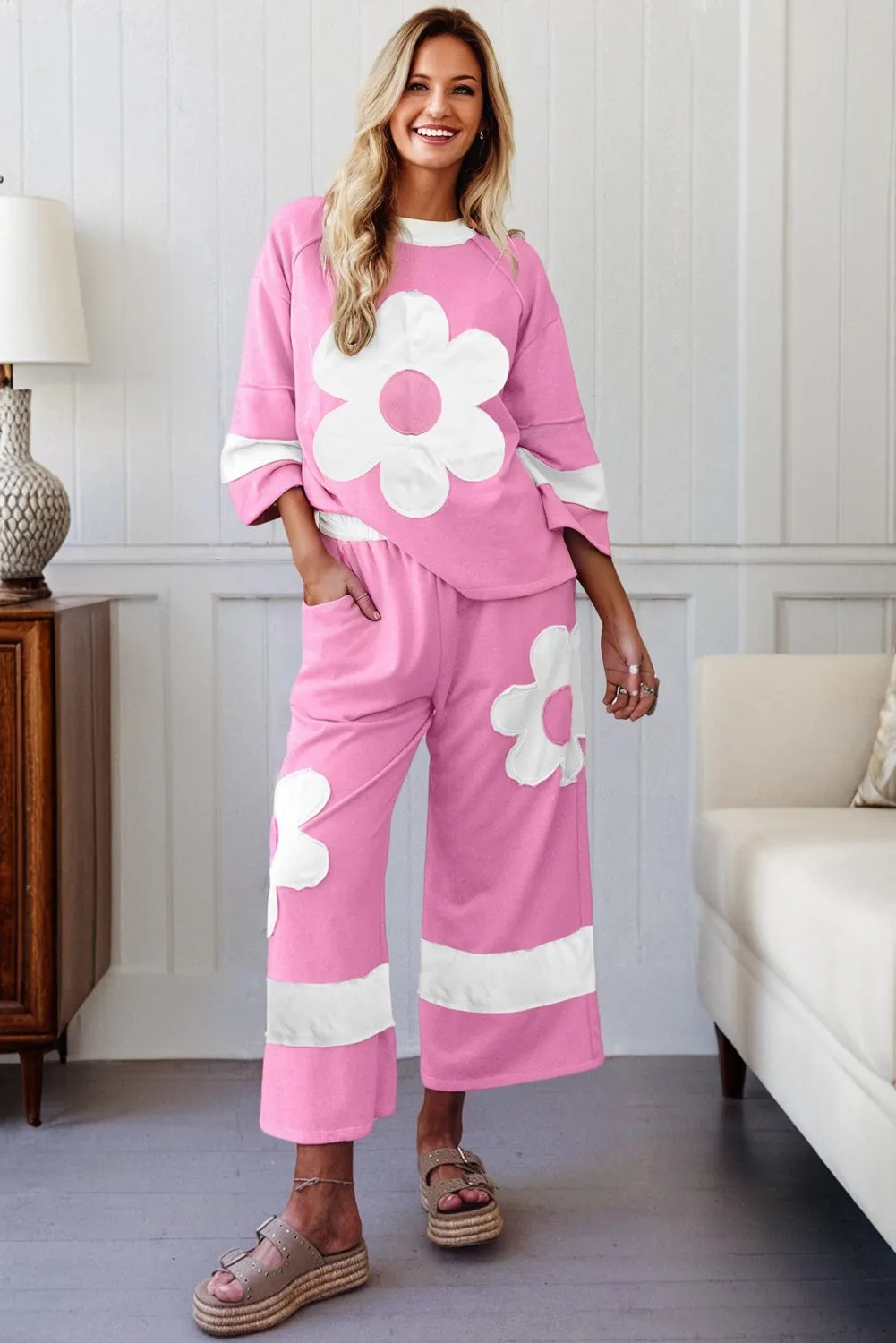 Big Flower Patched Raw Seam 2 Piece Relaxed Trousers Co-ord Set sold by Beagle Boutique product image thumbnail 2