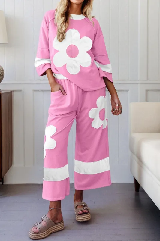 Big Flower Patched Raw Seam 2 Piece Relaxed Trousers Co-ord Set sold by Beagle Boutique