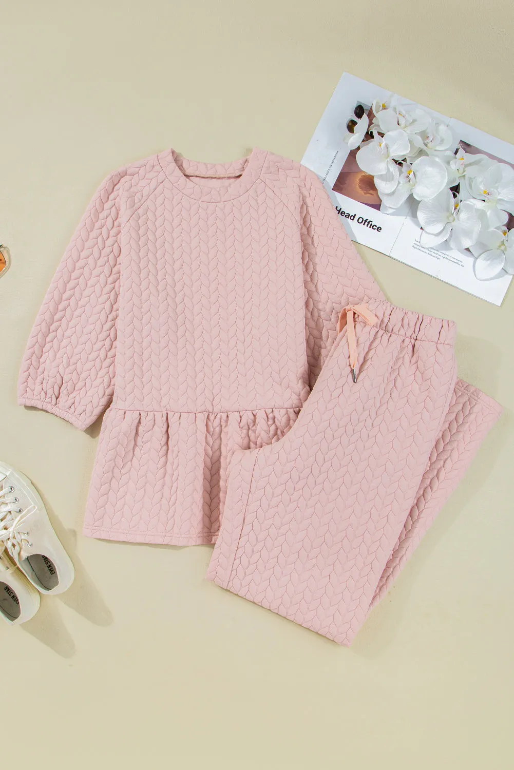 Braided Texture Ruffle Hem Top Drawstring Relaxed Trouser Co-ord Set sold by Beagle Boutique product image thumbnail 3