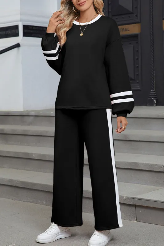 Varsity Striped Puff Sleeve Pullover & Drawstring Wide Leg Trouser Co-ord Set sold by Beagle Boutique