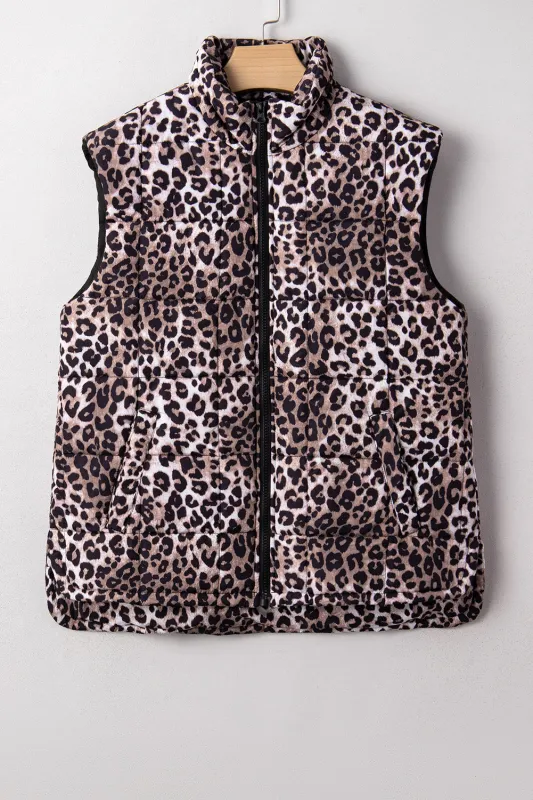 Leopard Quilted Full Zipper Casual Puff Gilet sold by Beagle Boutique