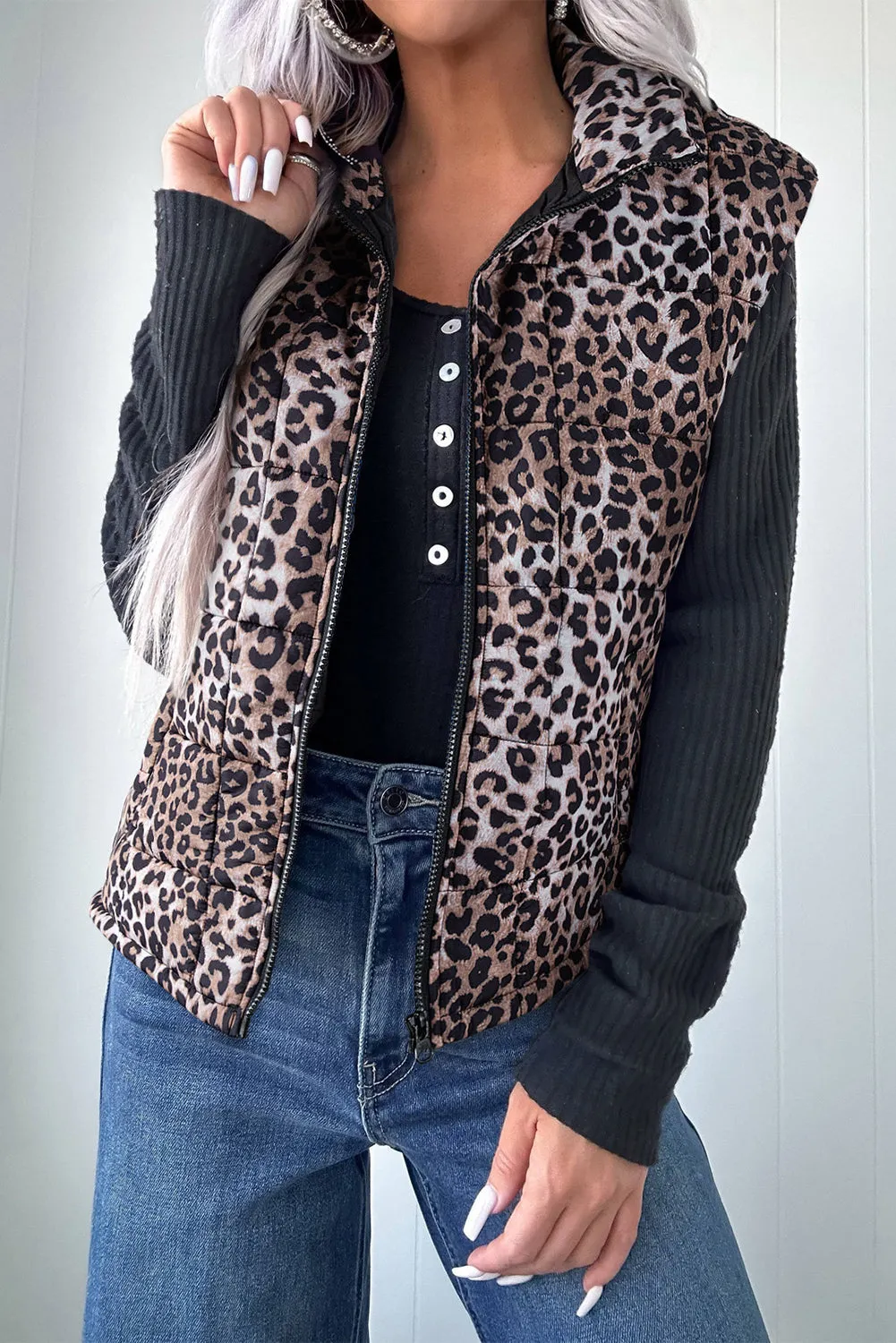 Leopard Quilted Full Zipper Casual Puff Gilet sold by Beagle Boutique product image thumbnail 3