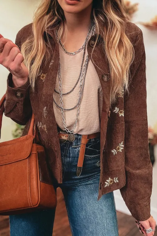 Floral Embroidered Collar Button Front Soft Corduroy Jacket sold by Beagle Boutique