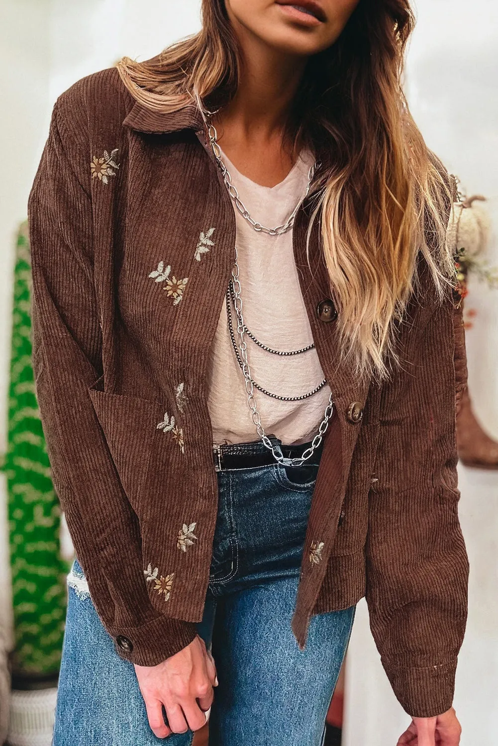 Floral Embroidered Collar Button Front Soft Corduroy Jacket sold by Beagle Boutique product image thumbnail 4