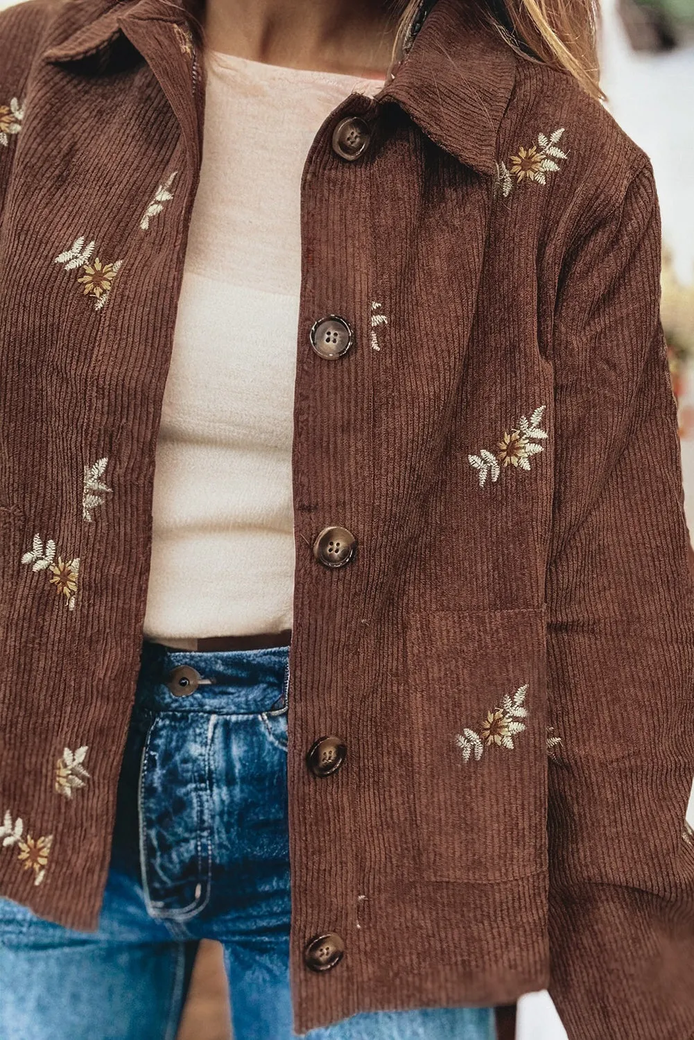 Floral Embroidered Collar Button Front Soft Corduroy Jacket sold by Beagle Boutique product image thumbnail 5